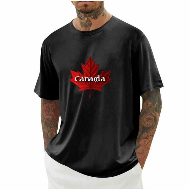 Amzcrzy Mens T-Shirts Plus Size S-5XL Fashion Maple Leaf Print Canada Day Tee Summer Casual Short Sleeve Round Neck Workout Shirts for Men Loose Comfy Athletic Shirts