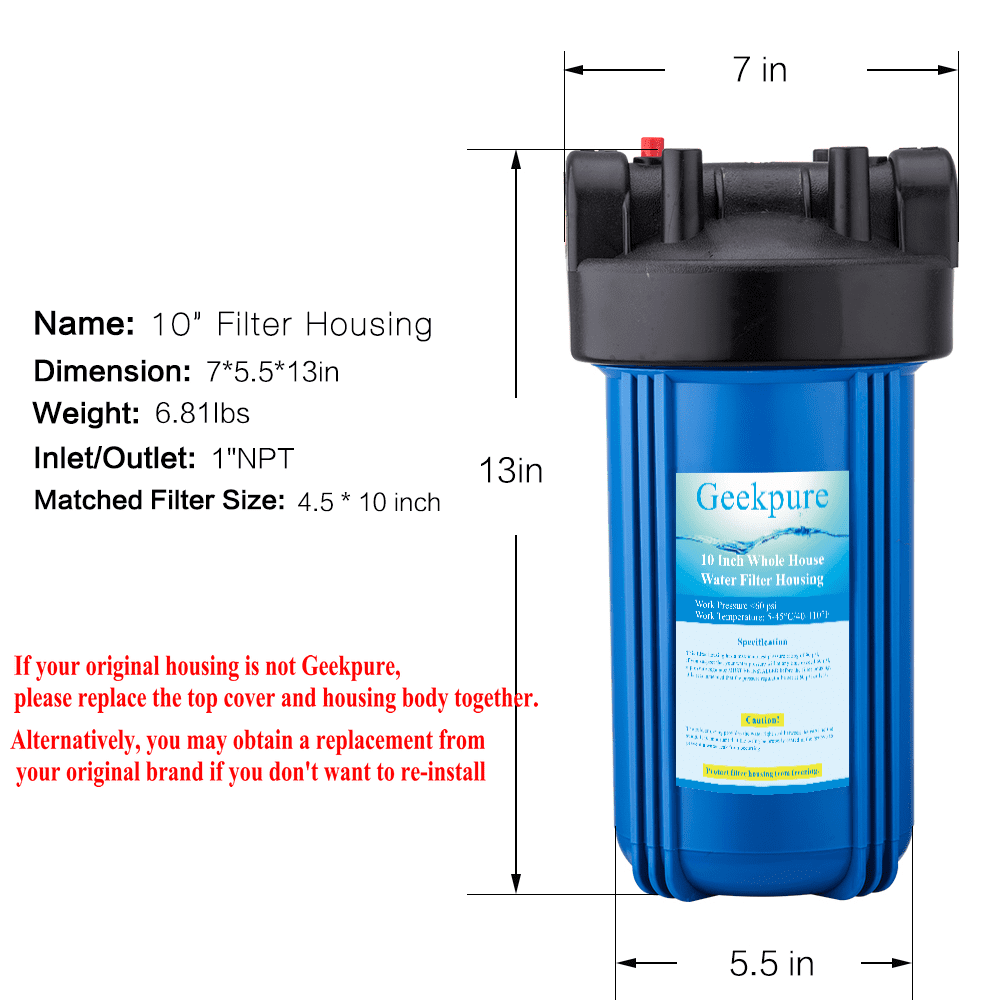 Geekpure 10-Inch Whole House Water Filter Housing 4.5"x10"1-Inch Port with Wrench and Bracket(Pack of 2)