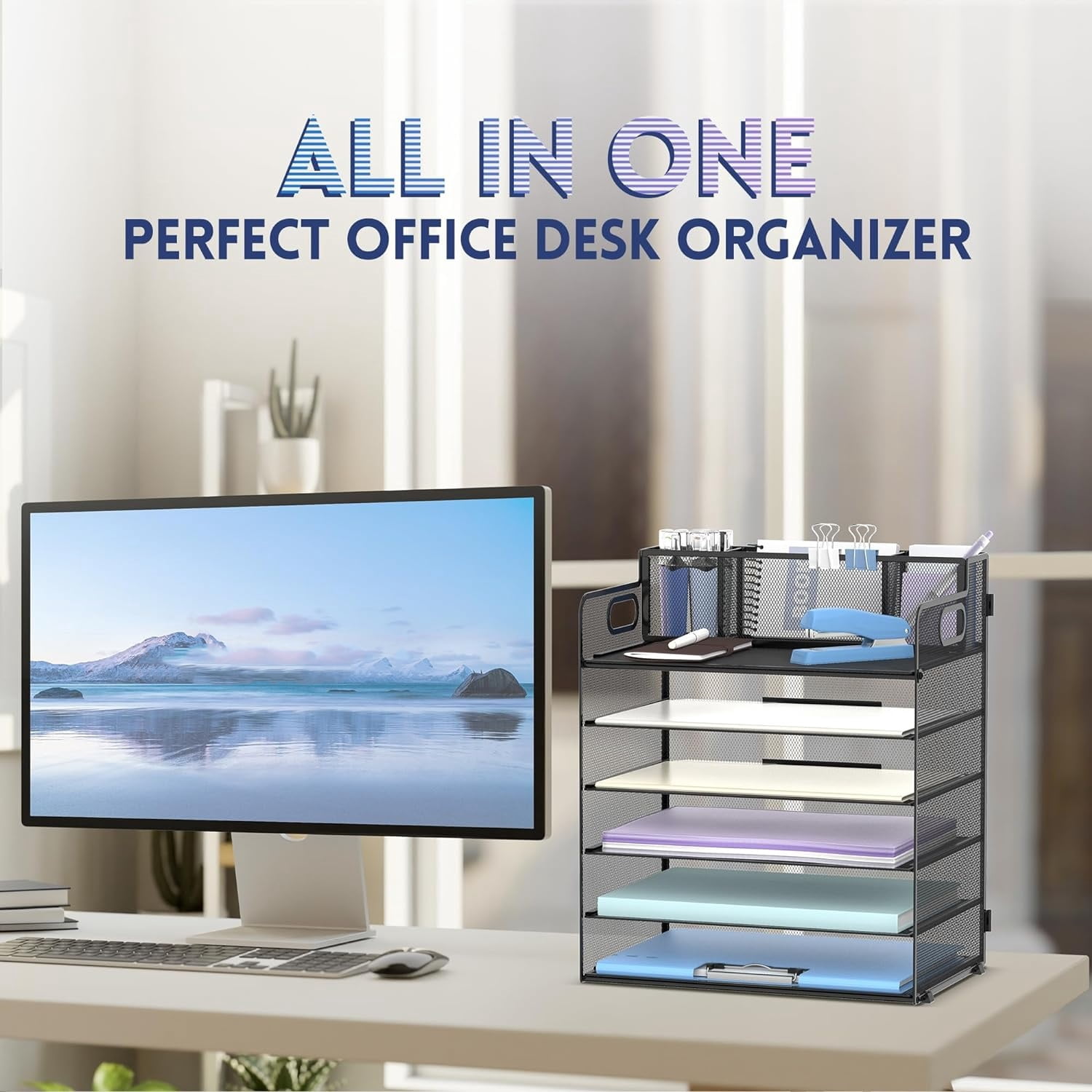 INTIGE 6-Tier Mesh Desktop Organizer with 3 Pencil Holder, File Organizer with Handle, Black, 1 Piece