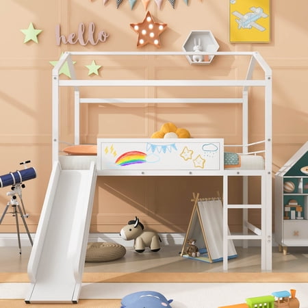 Hombay Metal Twin Loft Bed Frame with Slide Roof Writing Board Child Kids Gifts