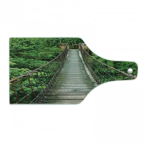 Wooden Bridge Cutting Board, Exotic Rope Walkway Through Treetops in Rain Forest Adventure Nature Photo, Decorative Tempered Glass Cutting and Serving Board, in 3 Sizes, by Ambesonne