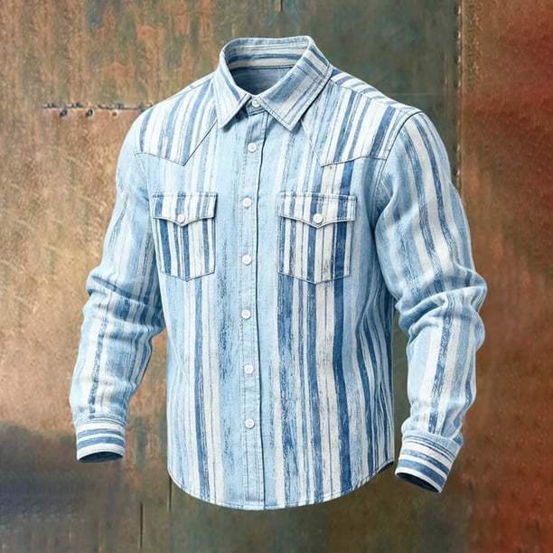 Ceisia Men's Loose Fit Vintage Washed Vertical Stripe Long Sleeve Cotton Shirt Light Blue XXL Gifts