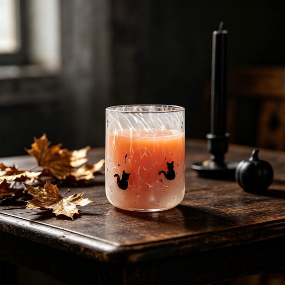 2D Black Cat Sticker Glass Cup - 15oz Halloween Kitty Printed Tumbler, Thickened Cold Drink Water Mug for Home Office, Spooky Cute Gift for Cat Lovers