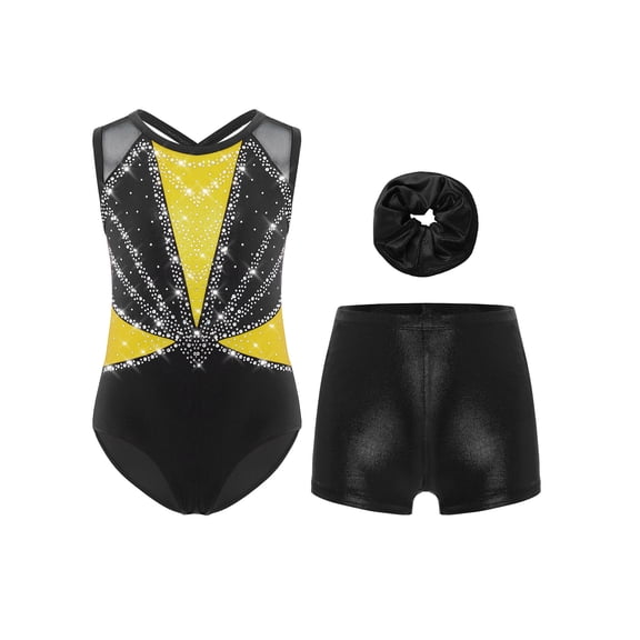 TSSOE Kids Girls 3-Piece Set Athletic Unitards Gymnastics Leotards Tumbling Clothes Ballet Dance Biketards Yellow&Black 6