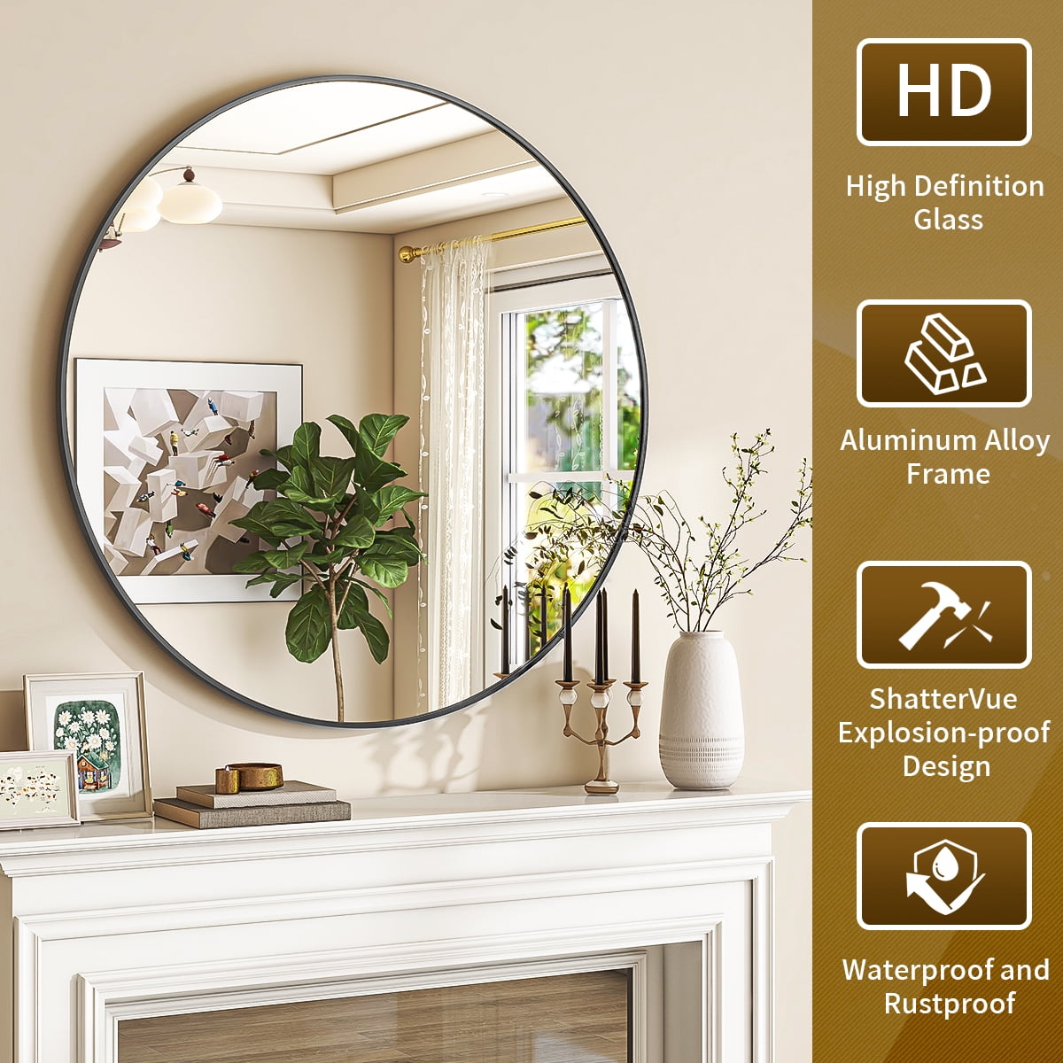 Easy4Home 36 Inch Round Wall Mirror Aluminum Alloy Framed Circle Bathroom Mirror Wall Mounted, Black