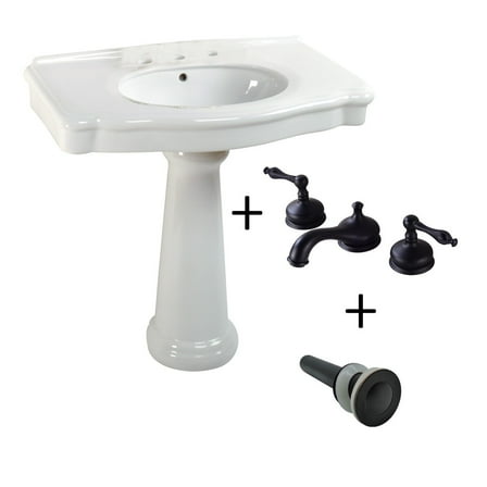 White Pedestal Sink with 8" Widespread Faucet Bathroom Sink Tap Black Traditional| Renovators Supply