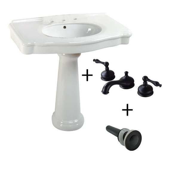 White Pedestal Sink with 8" Widespread Faucet Bathroom Sink Tap Black Traditional| Renovators Supply