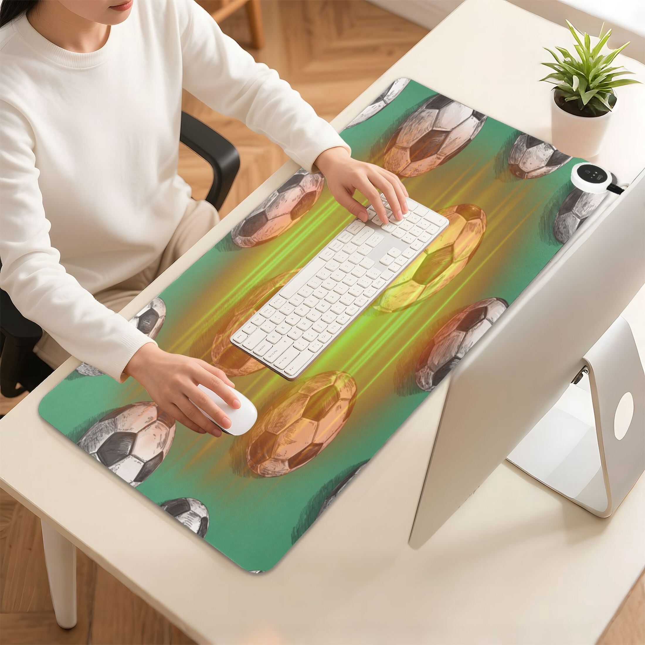 Large Heated Desk Mat Mouse Pad 31.5"x13"PU Leather Graphene Heating Desk Warmer with 3 Temperature Settings 110V US Plug Non-Slip Warm Pad for Home, Office, and Gaming Retro Football Pitch Print