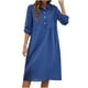 thumbnail image 2 of Puntoco Vestido De Algodón Y Lino De Color Sólido Con Botones Y Cuello Redondo De Manga Corta Para Mujer A La Moda Azul Xxl,Regalos Para Mujer Joven, 2 of 6