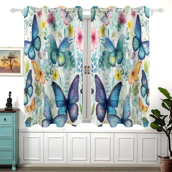 Butterfly Floral Blackout Curtains Window Grommet Insulated Curtain Bedroom Living Room 54"x55" 2 Panels