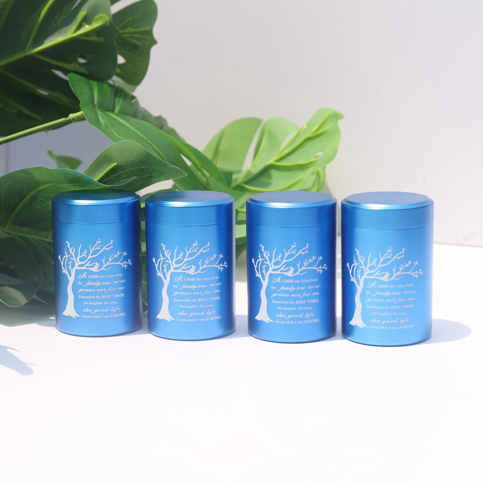 Small Urns for Ashes - Set of 4，2.7 inch High Quality Aluminium Mini Urns, Cremation Urns for Human/Pet Ashes, Ashes Holder, Small Keepsake urns--A LIMB has fallen from the family tree, Blue