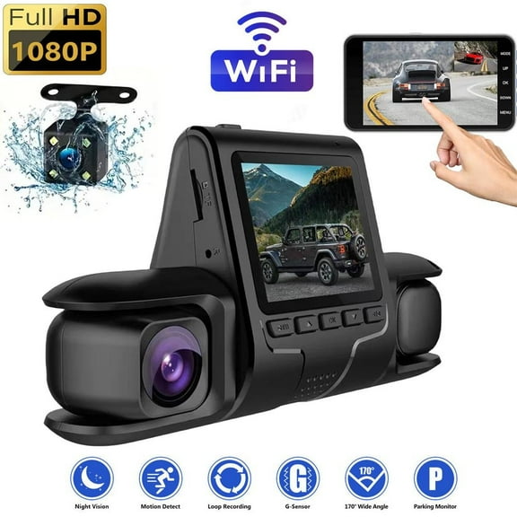 Wifi Car Dash Cam, Front Back Inside iOS/Android App Control, 1080P 3 Channel , Adjustable Lens Car Night Vision Video Camera Recorder , Loop Recording, G-Sensor, Parking Monitor
