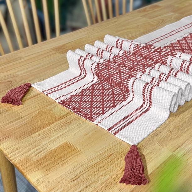 Nvzi Mantel de lino y algodón con borlas hecho a mano, mantel para mesa de té, mantel para mesa de té, mantel para mesa de té (rojo, 350 * 35 cm)