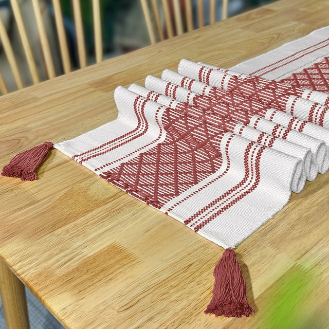 Nvzi Mantel de lino y algodón con borlas hecho a mano, mantel para mesa de té, mantel para mesa de té, mantel para mesa de té (rojo, 160 * 35 cm)