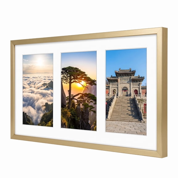 Aluminum Collage Picture Frame, 3 Openings for 4x6 Photos with Mat or Single 7x14 Panorama Picture, Real Glass Protection, Versatile Wall Display for Living Room Bedroom Office Decor, Gold