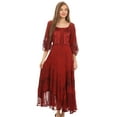 thumbnail image 5 of Sakkas Bexley Scoop Neck Bell Sleeve Bohemian Gypsy Embroidered Corset Dress - Red - S/M, 5 of 5
