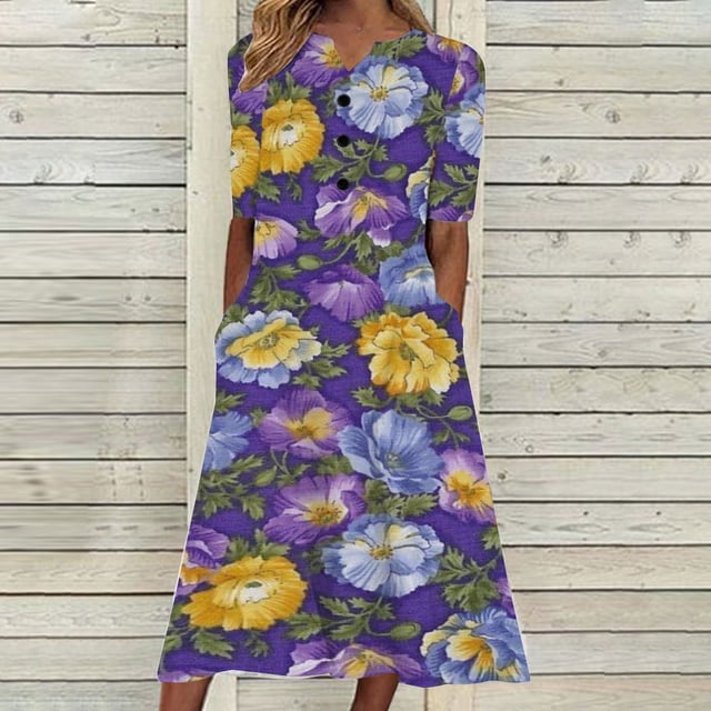 Jusqu'à 65 % de Réduction! Robes d'Été Mode pour Femmes 2024 Grande Taille Décontractée Manches Courtes Col en V Robe Imprimée Robe Ample