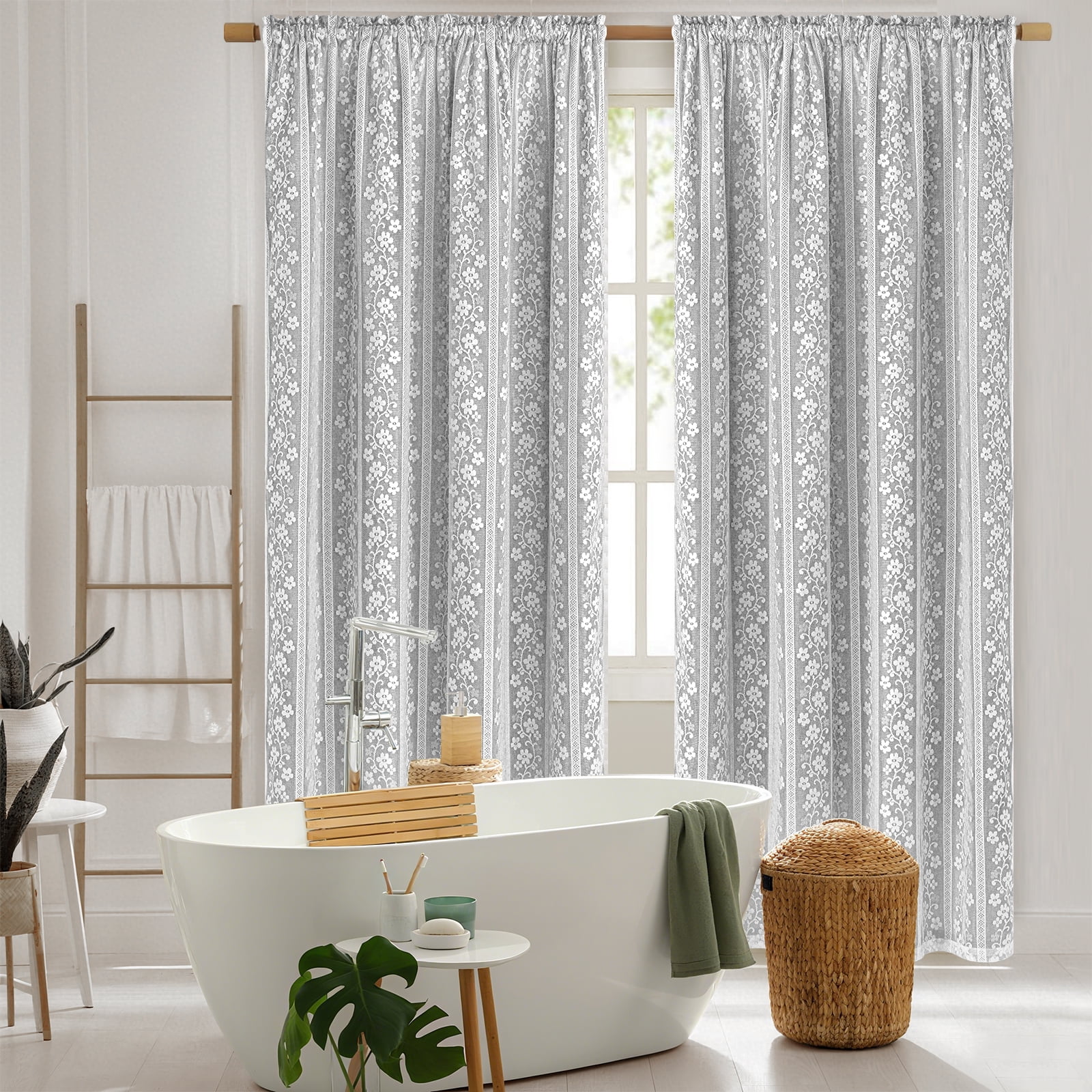Alishomtll Grey Linen Curtains with Lace Sheer 84 Inches Long, Double Layer Light Filtering Window Drapes for Bedroom Living Room,W52 X L84,2 Panels