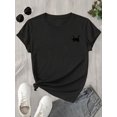 thumbnail image 3 of Women's 100% Cotton Casual Short Sleeve T-Shirt with Left Chest Black Cat Print - White Regular Fit Spring Summer Everyday Tee, 3 of 6