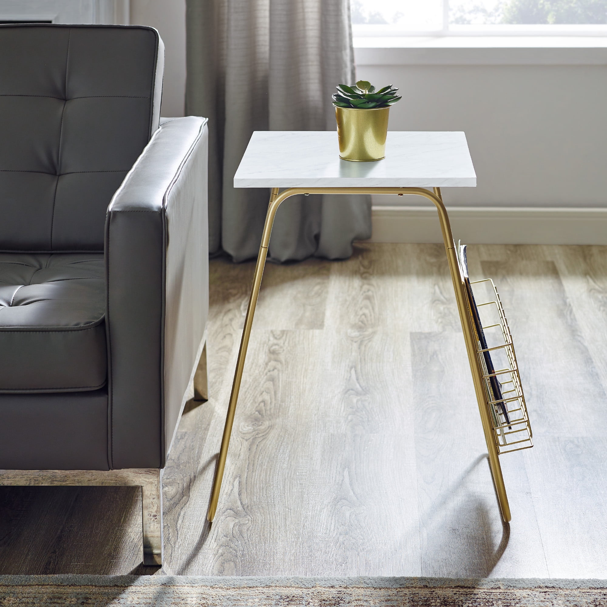 Manor Park Modern End Table with Magazine Holder, Faux Marble