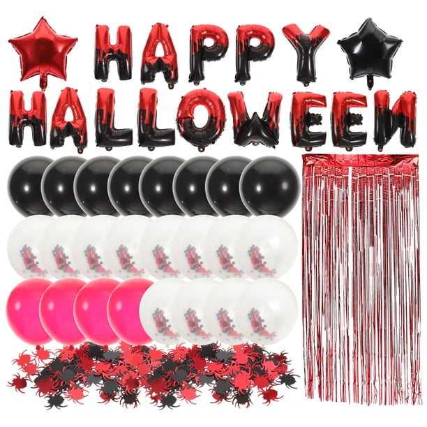 KAKOWELY 1 juego de decoración para fiesta de Halloween con globos rojos y negros, cortinas con flecos y lentejuelas de araña.