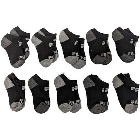 Fila Kids Boys 10-Pack Half Cushion No Show Socks Basic Logo - Black Multi, Boys Small Shoe Sizes 7-10