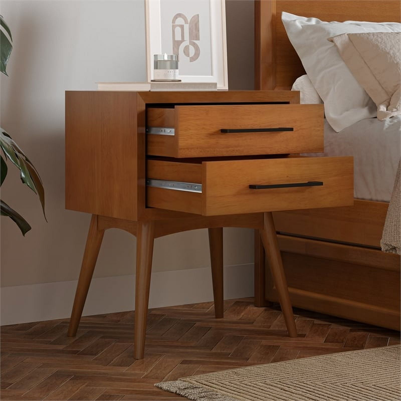 AFI Pasadena Solid Wood Mid-Century Modern Nightstand with 2 Drawers, Light Toffee