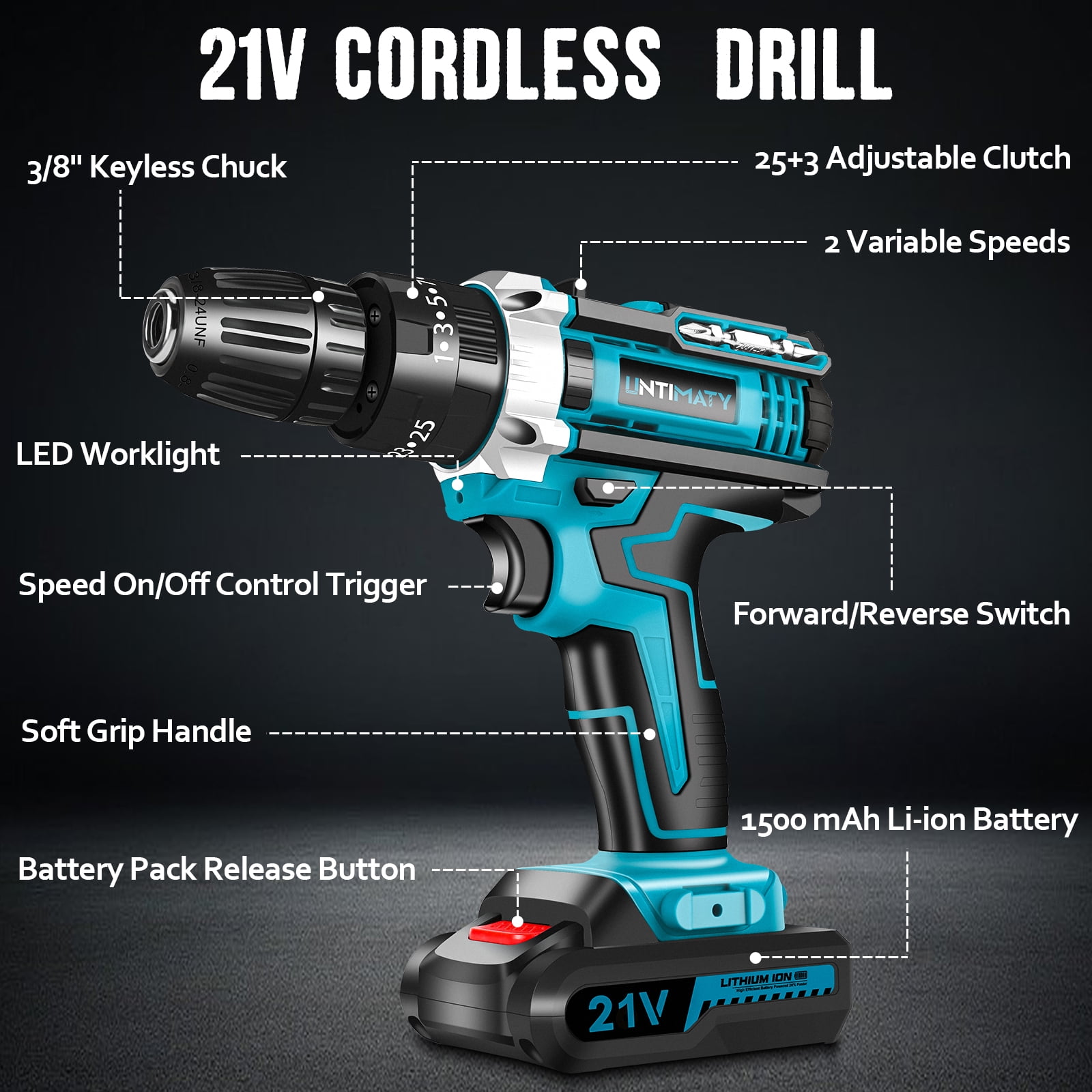 21V Cordless Drill Set, UNTIMATY Power Drill Set with Battery and Charger, Electric Drill Home Improvement, 3/8'' Keyless Chuck, 25+3 Torque Setting, Drill Bits, LED&Variable Speed