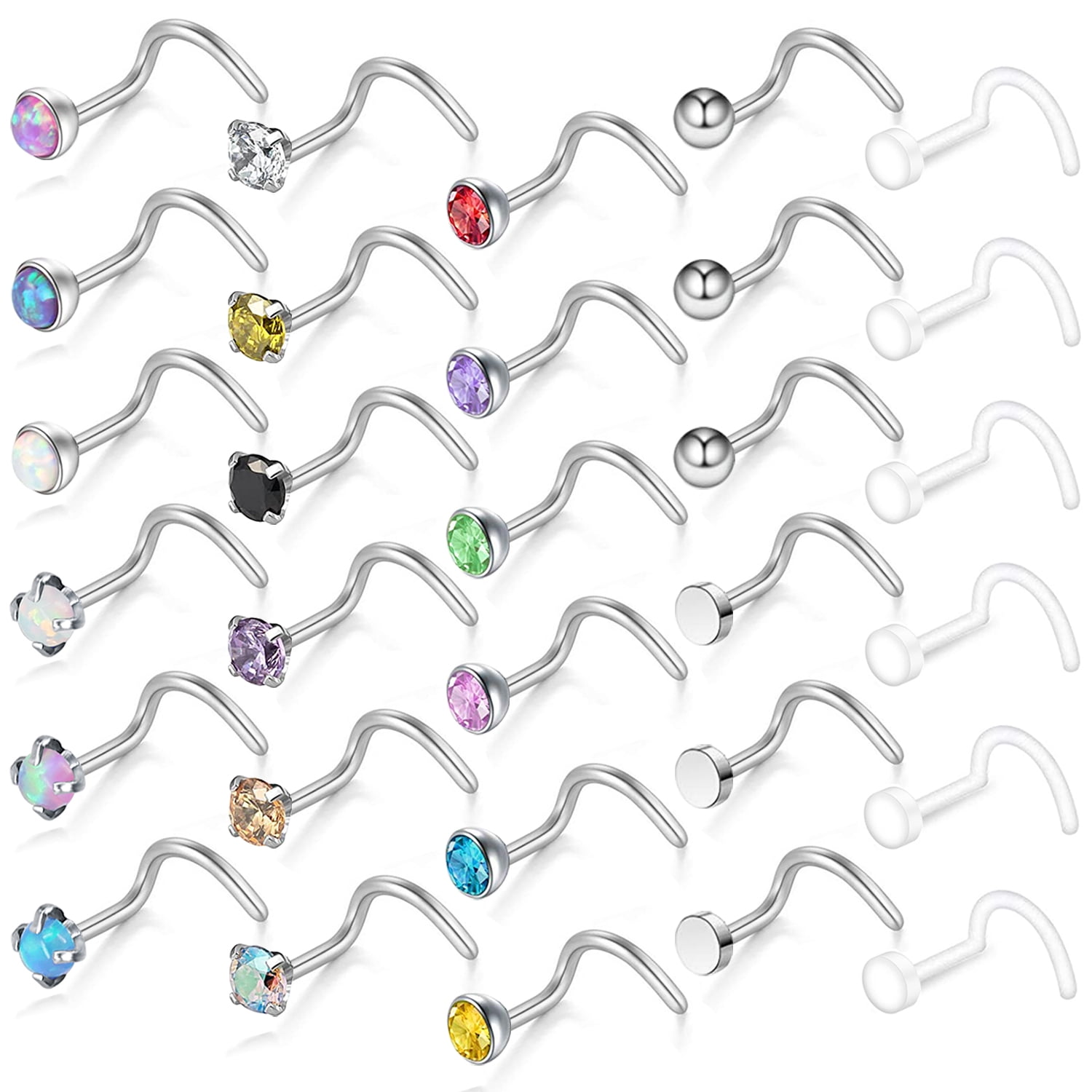 ZS 30Pcs/Set 20g Opal Ball Nose Ring Piercing Round Crystal Nostril Piercing Nose Bone/L Shaped