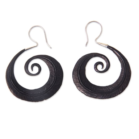 NOVICA Water buffalo horn dangle earrings, 'Feather Spiral'