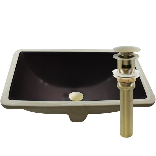 Novatto NP-U193902FBSB-O Rectangular Undermount Black Porcleain Sink with Overflow, Satin Brass Drain