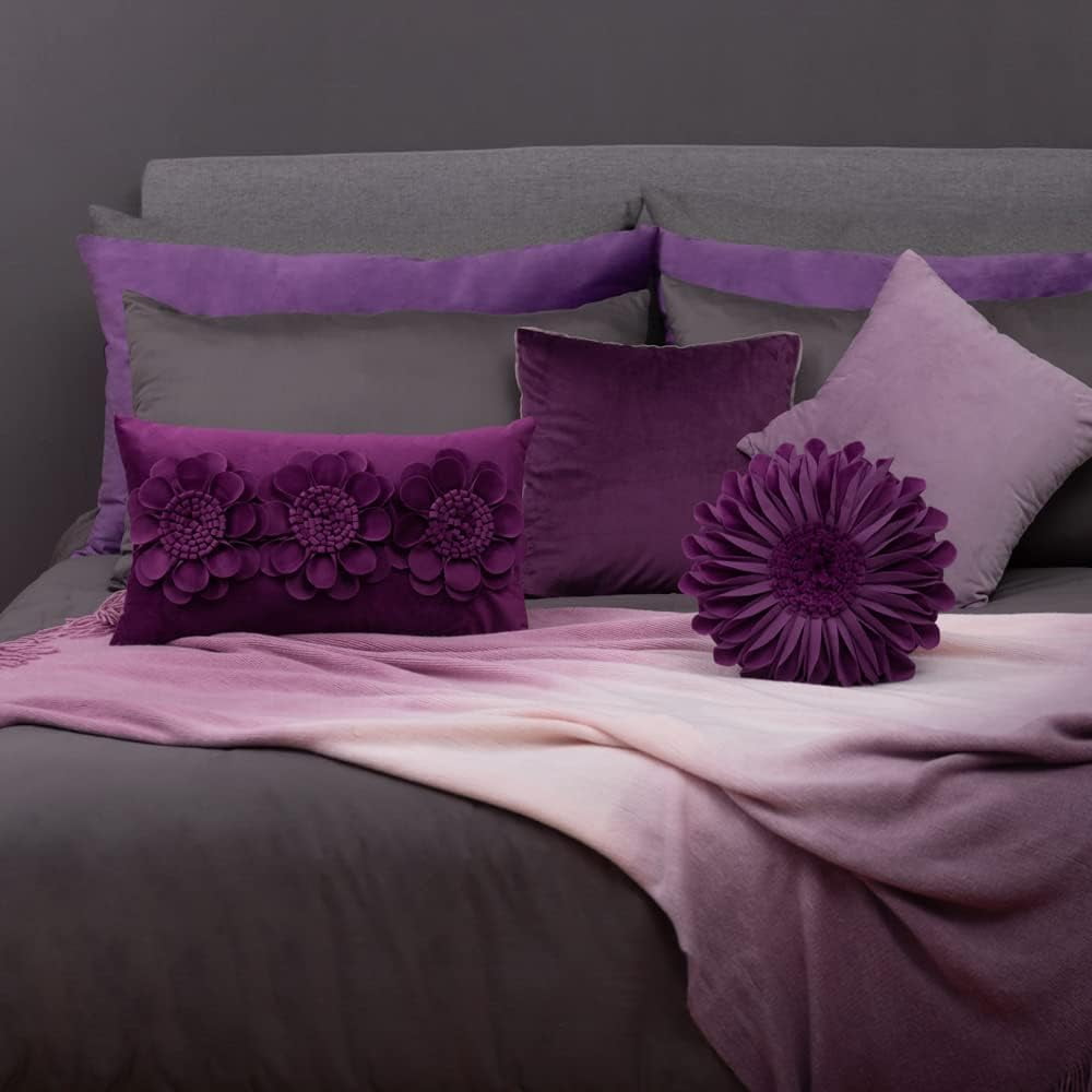 JWH 3D Handmade Round Decorative Soft Velvet Flower Pillows Throw Pillows for Bedroom Couch Bed Decor 14 Inch Berry