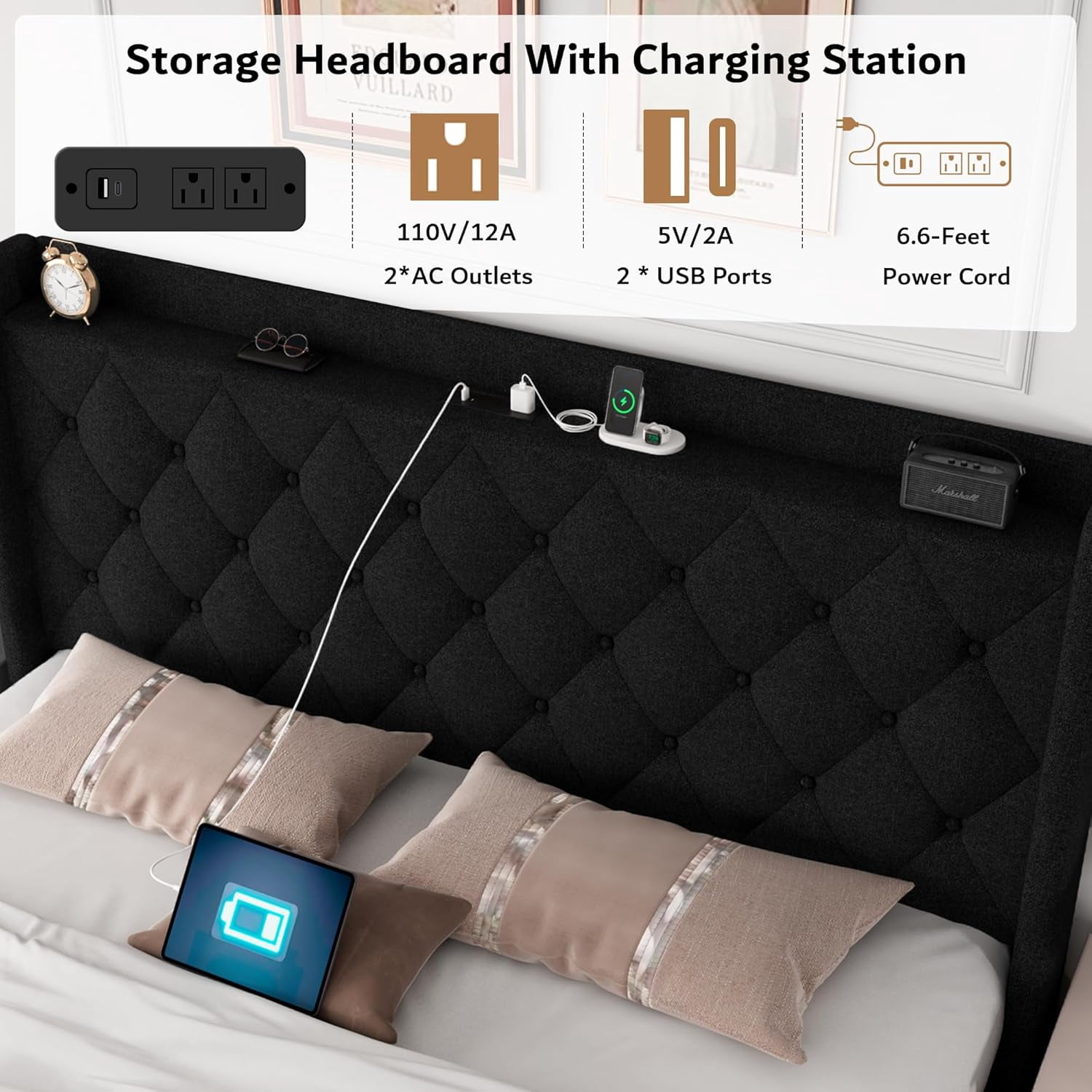 iPormis Queen Lift Up Storage Bed Frame with Charging Station, Upholstered Platform Bed Frame with Velvet Headboard, Hydraulic Storage,Black