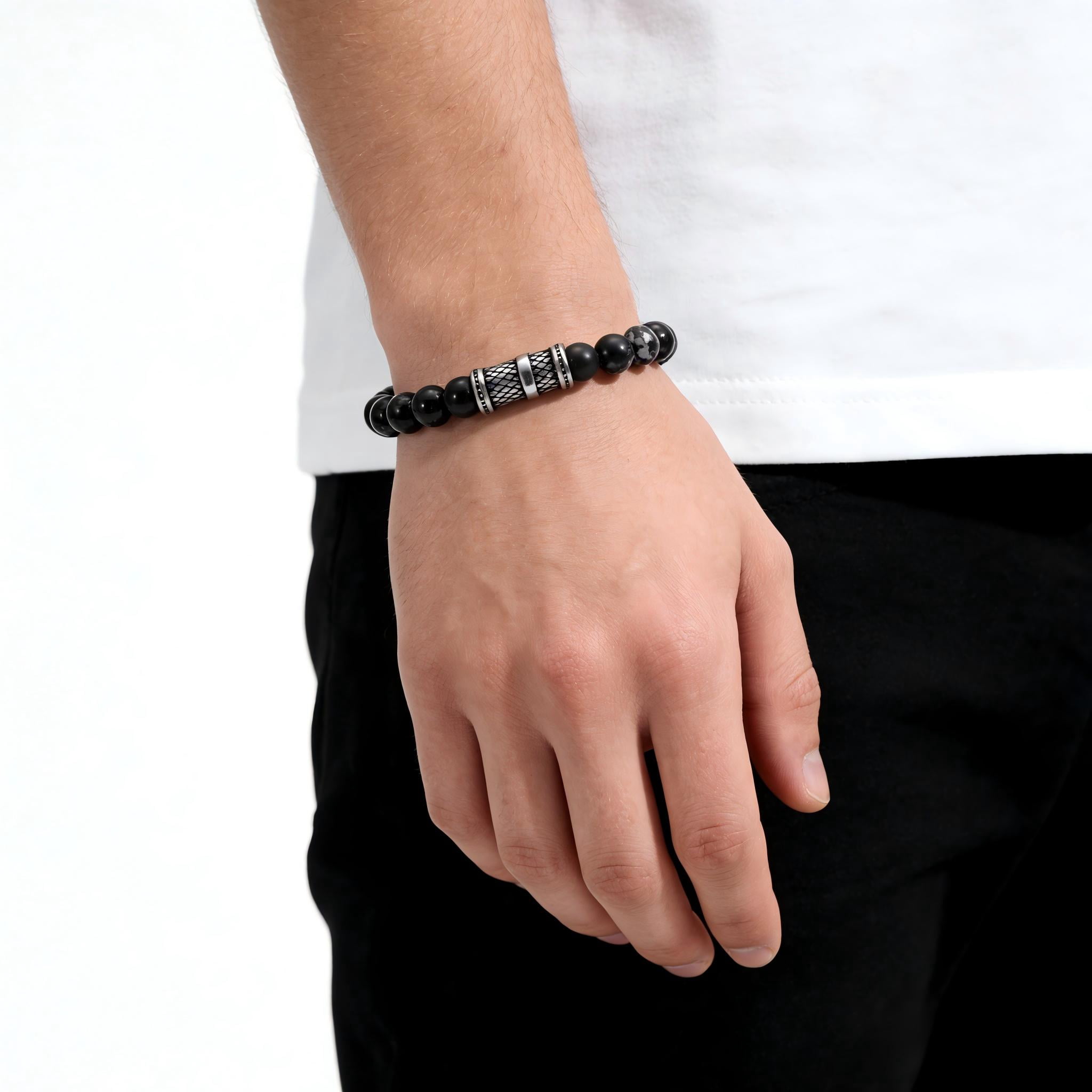 Iron Saints Men Black Onyx Bead Bracelets, Stainless Steel, Men Bead Bracelets Natural Gems