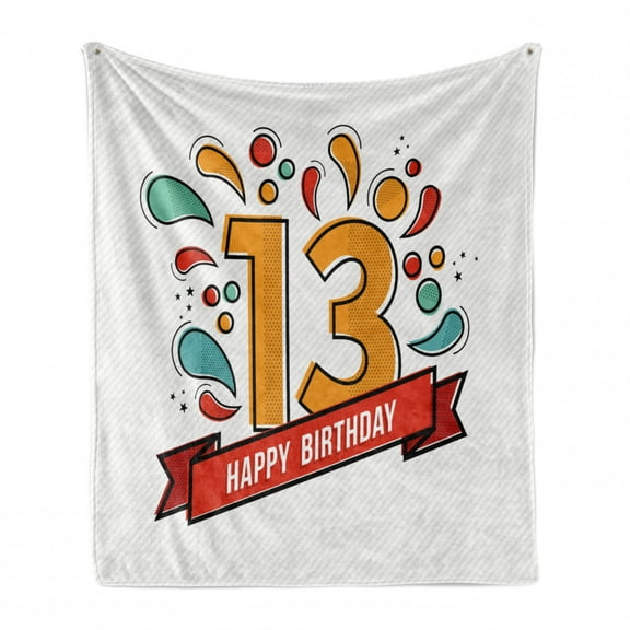 13th Birthday Soft Flannel Fleece Throw Blanket, Modern Line Art Style Greeting for 13 Years Old Geometric Design, Cozy Plush for Indoor and Outdoor Use, 70" x 90", Multicolor, by Ambesonne
