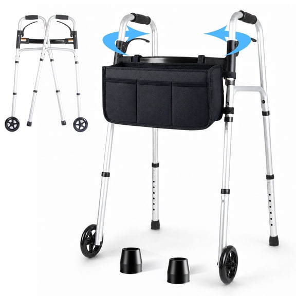 Oziral Folding Walkers for Seniors with Storage Bag, Lightweight Portable Adjustable Height Narrow Walkers with Wheels, Standard Walkers for Elderly Disabled, Up to 400lbs