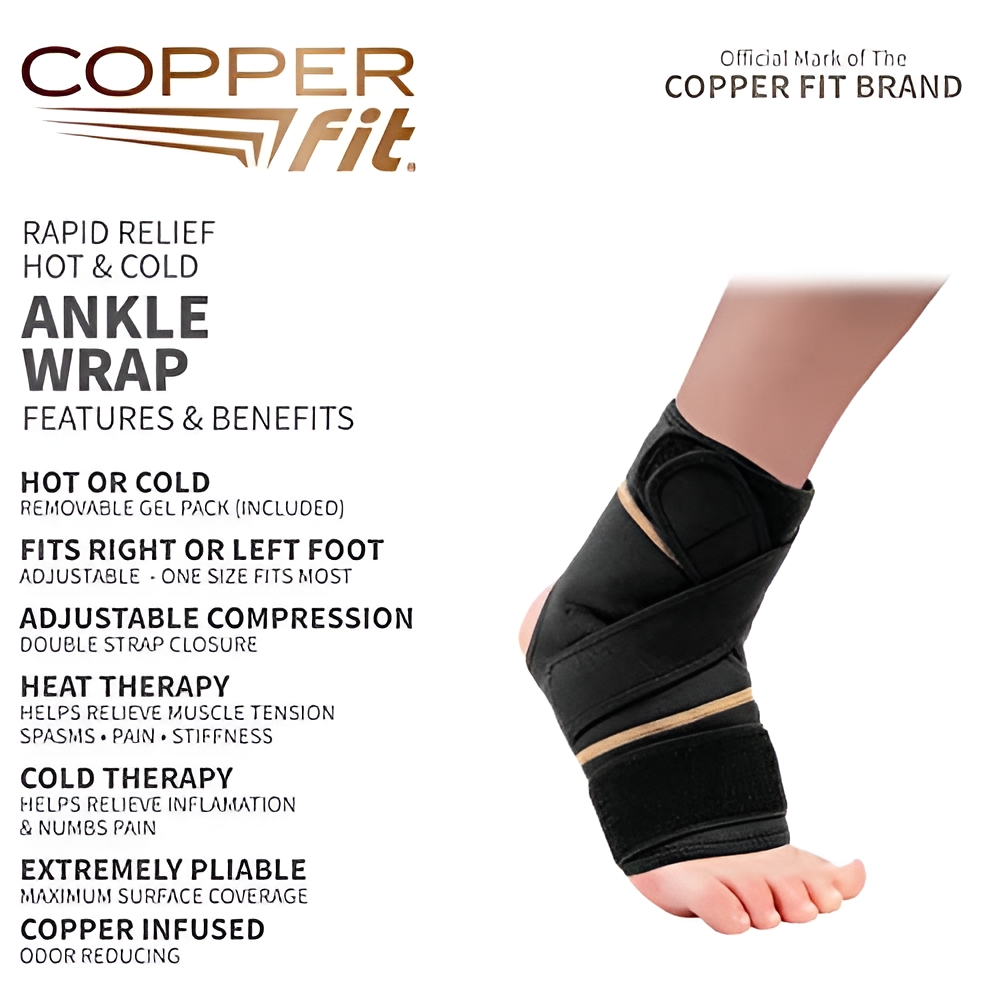 (2 pack) Copper Fit Rapid Relief Ankle & Foot Wrap with Hot/Cold Pack, Black, One Size