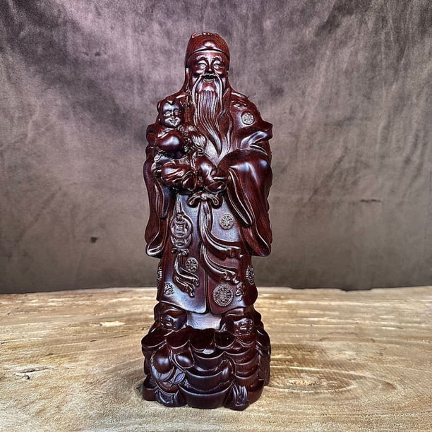 Ebony wood carving of the Three Star Gods of Fortune, Prosperity, and Longevity - a decorative item for the elderly to celebrate their birthdays and attract wealth in the living room.