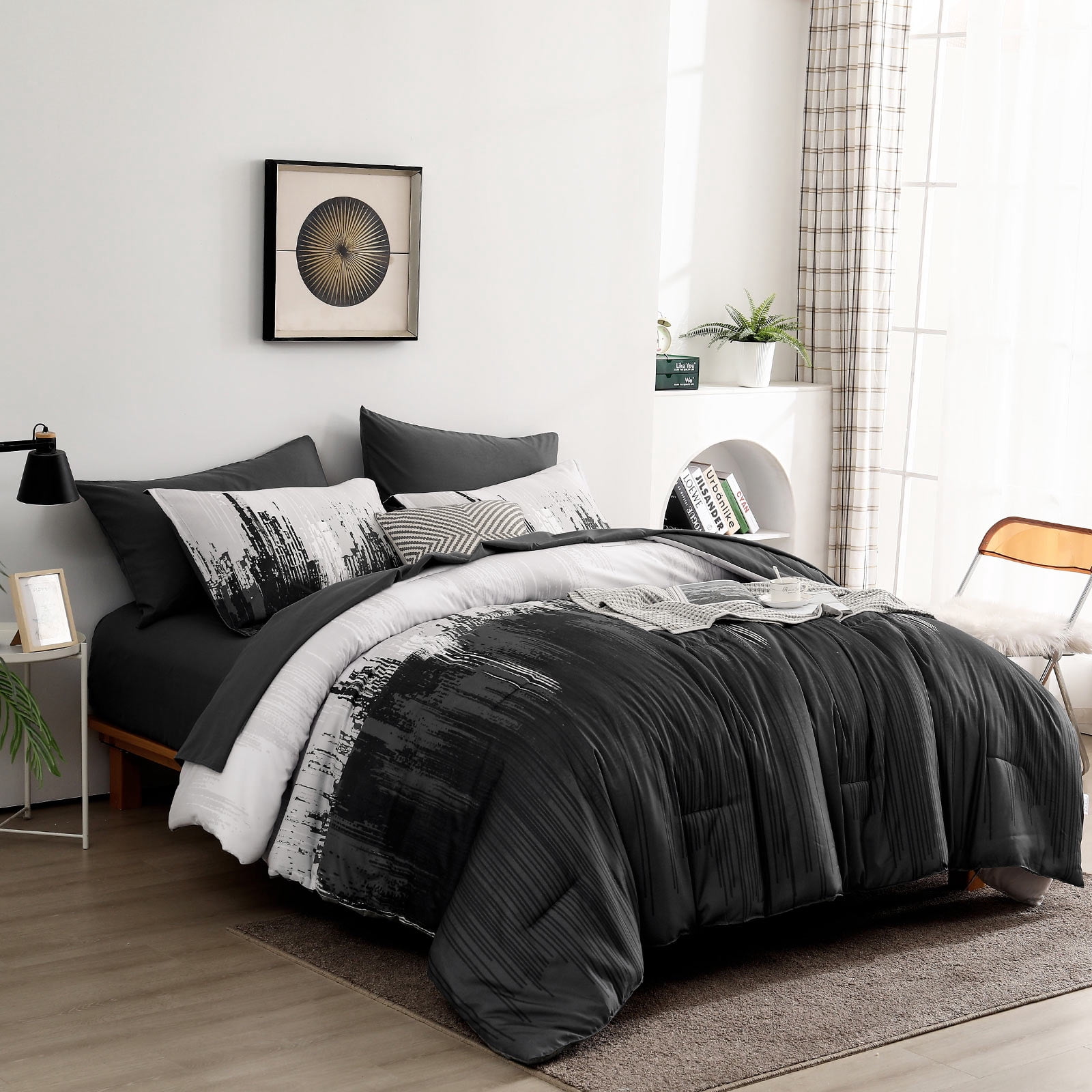 Dintszyayue White Gray Comforter Set King,7Pcs Abstract Gradient Soft Bed in a Bag Adult(90"x104")