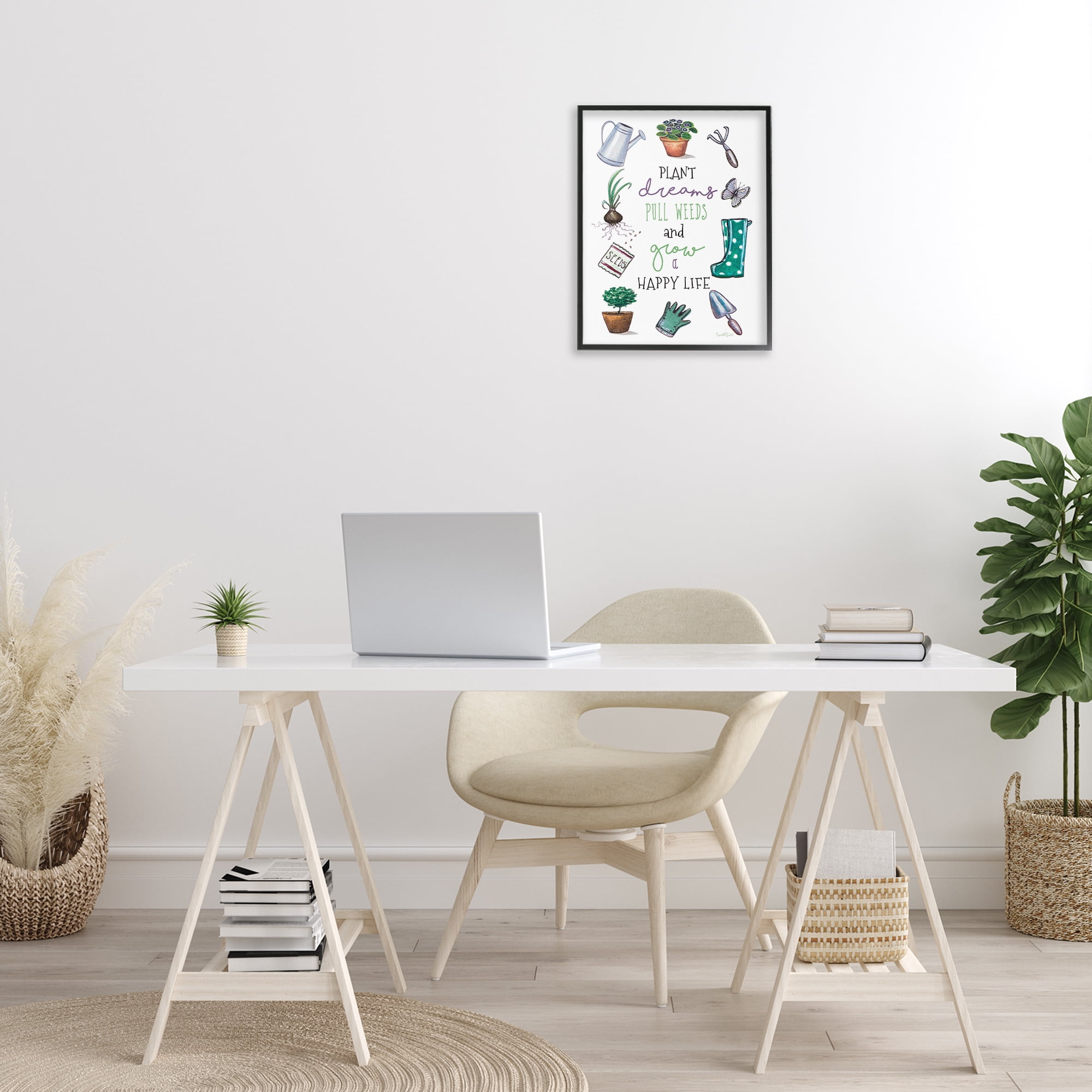 Stupell Industries Grow a Happy Life Botanical & Floral Painting Black Framed Art Print Wall Art, 16 x 20