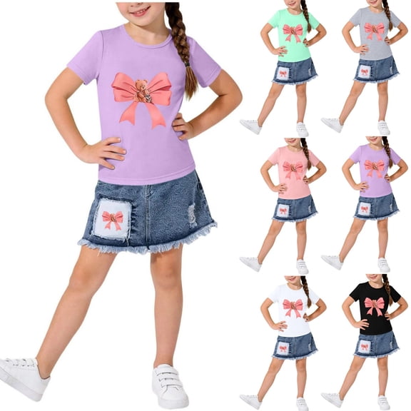 Bixock Toddler Girls Outfits Print Short Sleeve Round Neck T Shirts and Jean Skirt 2 Piece Set Summer Vacation Clothes 2-8Y
