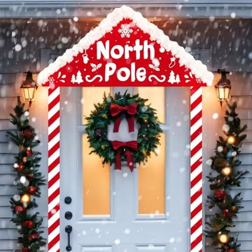 North Pole Christmas Decoration, Large Christmas North Pole Scene Door Covers with Cotton Xmas Front Doors Snowy Winter House Decor for Holiday Party Decoration