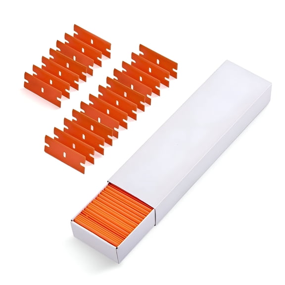 EXLEAF Plastic Razor Blades 100 PCS Double Edged Plastic Blade for Safety Glass Scraper and Plastic Razor Scraper Tool for Remove Decals Stickers Adhesive Label Glue and Glass Clean-Orange