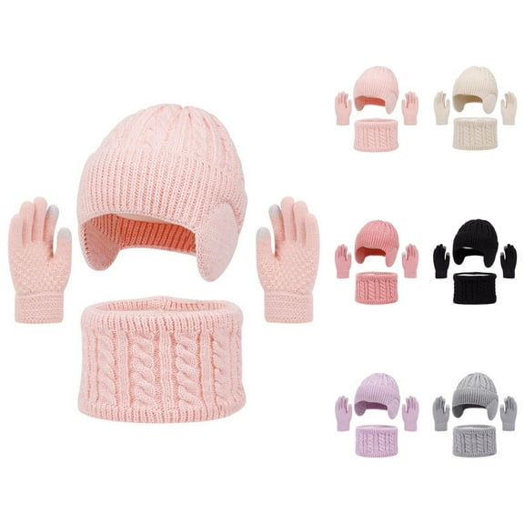 Kids Winter Knit Hat Scarf Gloves Set Warm Lined Touchscreen Soft Thick Cold Weather Accessories 3PCS Cozy Outdoor Snow Wear for Boys Girls Toddler Teen Comfort Fit Christmas Gift Ideas Ski