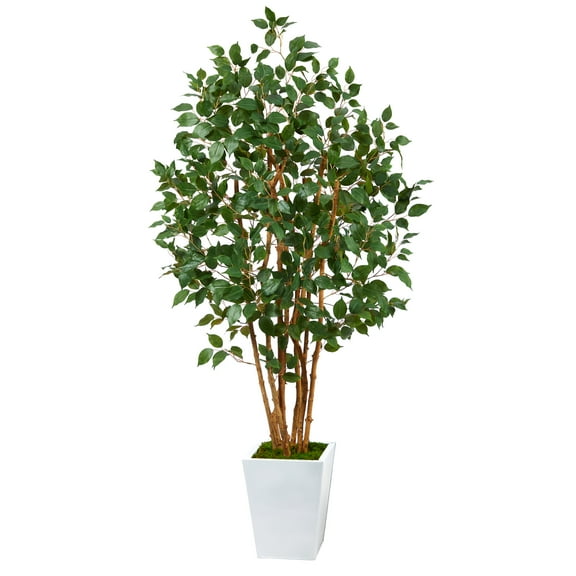 Nearly Natural 5.5' Ficus Bushy Artificial Tree in White Metal Planter