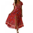 thumbnail image 1 of Femmes Bohème Imprimé Floral Wrap V Cou Manches Courtes Split Beach Party Maxi Robe S-XL, 1 of 5
