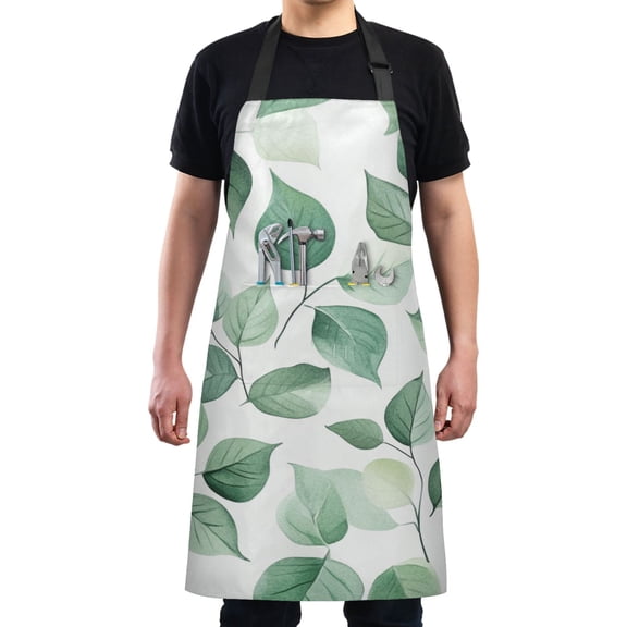 Green Leaves on White Background Chef Kitchen Apron with Pockets for Women Waterproof Aprons for Cooking Baking