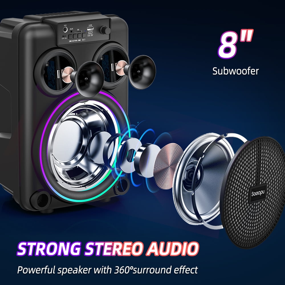 Portable Bluetooth Speaker with Microphones Rechargeable 8-inch Karaoke Machine with RGB Light Effects Supports USB SD AUX TWS FM Radio for Party Wedding Home KTV