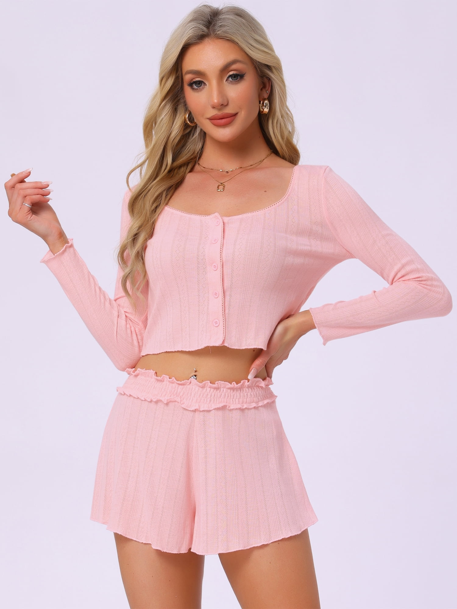 DARING DIVA Lounge Set Long Sleeve Pajamas Button 2 Pieces Shirts S Pink