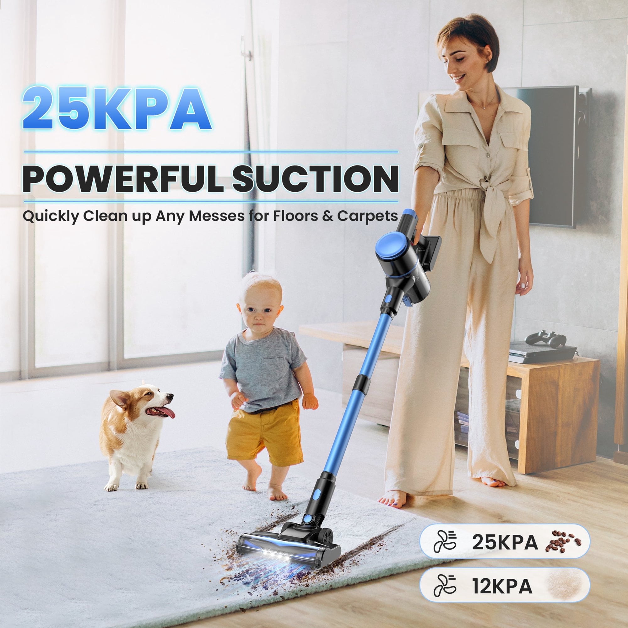 YOMA Cordless Vacuum Cleaner,25Kpa 40 Mins Runtime Lightweight Stick Vacuum,Self-Standing, Rechargeable Vacuum Cleaners for Pet Hair,Carpet,Hardwood Floor N8(Blue)